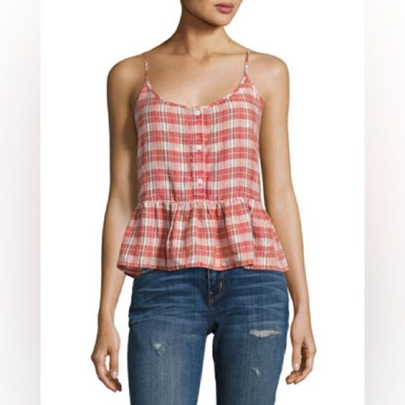 Current/Elliot The Workwear Plaid Peplum linen blend top - Picture 1 of 8